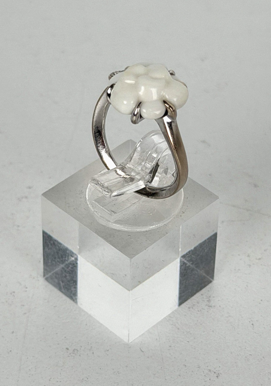 Chanel Camellia Agate Diamond Ring Size 5 in 18k White Gold